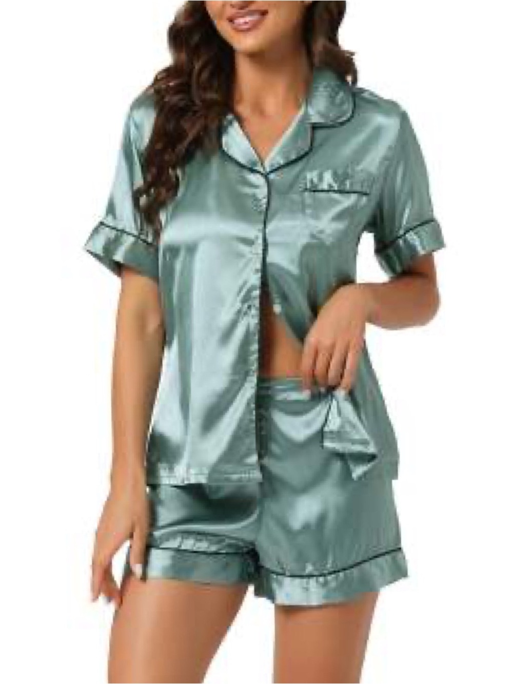 Satin Pajama Set in Light Teal with Black Piping • NWT • p2p 22"